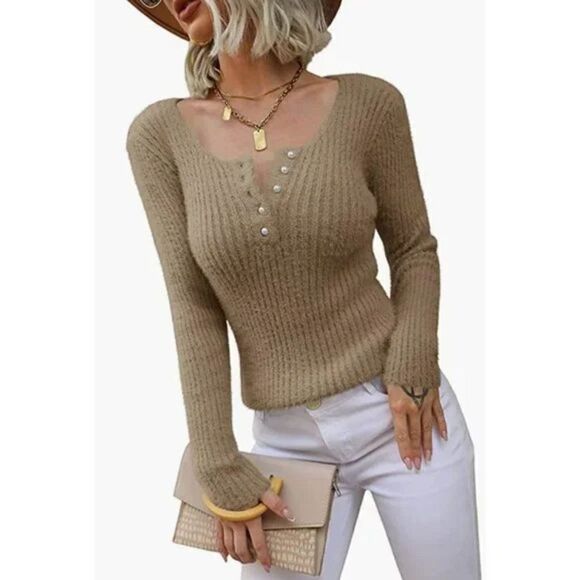 Beige Fuzzy Ribbed Knit Pearl Button Up Henley Long Sleeve Tee Sweater Top - Picture 4 of 8